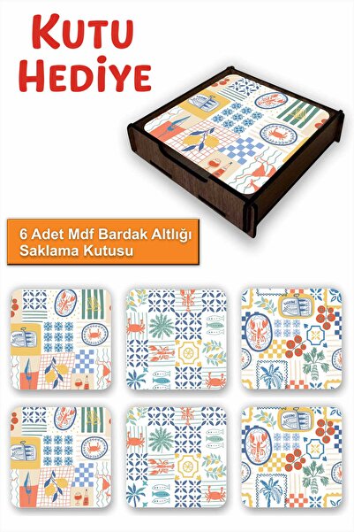 UNT 6-Piece Mdf Coasters with Storage Box – Decorative Mediterranean Breeze P...