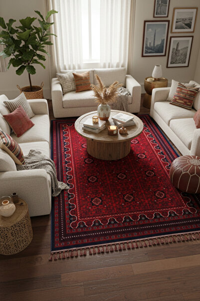 Roslyn Home and Rug Geleneksel Afgan Desenli Bordo Dokuma Taban Halı Şık ve O...