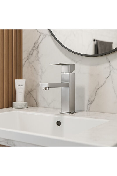 banyosepeti صنبور مغسلة كيوب لاين إينوكس – بمظهر الفولاذ المصقول، موفر للمياه