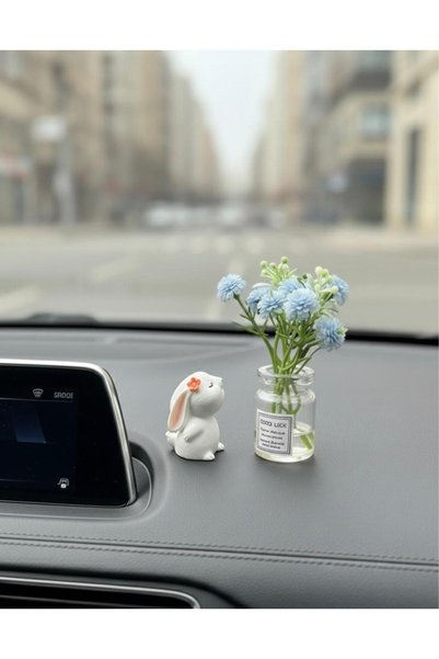 Vira Rise Cute Mini Rabbit and Blue Flower Vase Miniature Car Glove Box Accessory Home Decoration Ornament