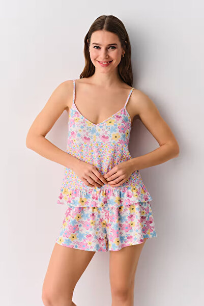 DREAM FASHION Floral Patterned Blossom Tank Top Shorts Pajama Set