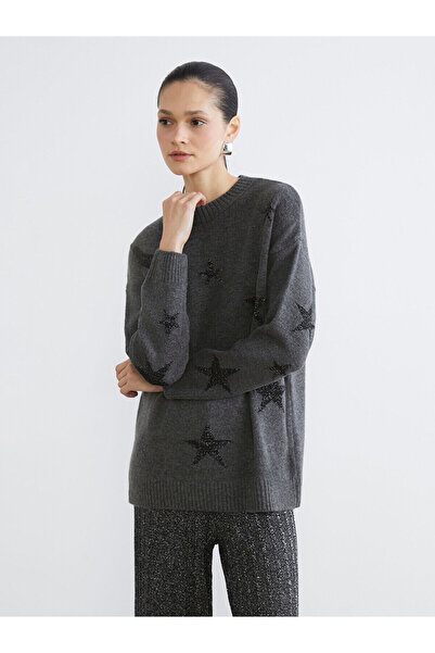 LC Waikiki Anthracite Crew Neck Star Patterned Women's Knitwear Tunic