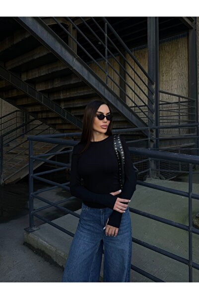 LB Laluna Butik Women's Black Finger Detail Crew Neck Bodysuit