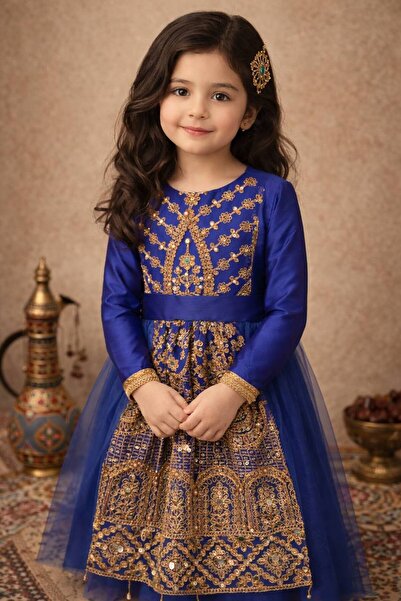 La reina petite Royal blue folk dress with tulle by Larina Petite