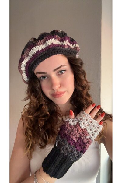 pun dore El Örgüsü Ressam Bere Eldiven Seti Batik Desen Standart Beden