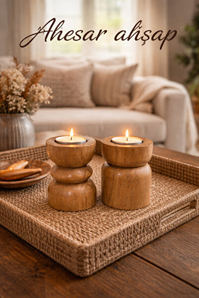 AHESAR TİCARET AHESAR El Yapımı Doğal Ahşap Tealight Mumluk Seti | Dekoratif ...