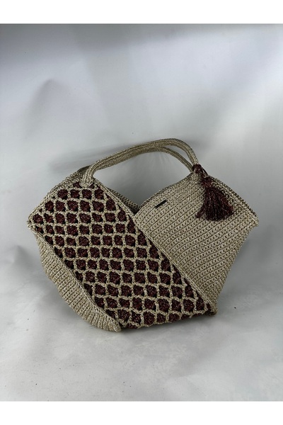 RELYA Women's Cream Tile Glitter Macrame Hand Shoulder Bag Width 30 cm Length...