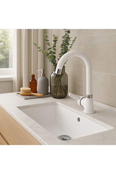 banyosepeti حنفية حوض من الكروم الأبيض غير اللامع من لينيا - مع صنبور دوار، ت...