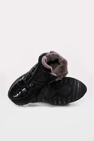 Ayakkabıhane Black Women's Boots with Fur Inside and Genuine Crocodile Patent...