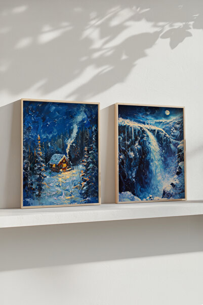 STARYUNA Set de pictură dublă cu cadru din lemn, cu vedere la noapte de iarnă...