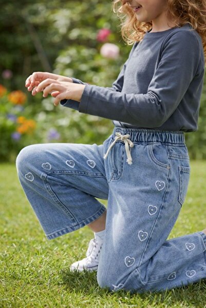 nazarbebe 6-15 Years Old Girls' Jeans – Elastic Waist, Lace-Up, Heart Embroid...