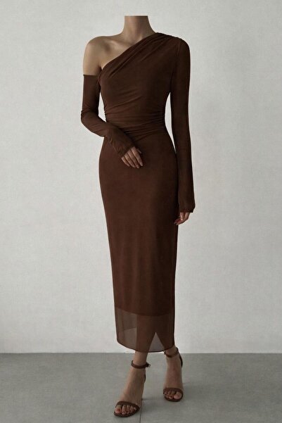 ESSELİNA.CO Kahverengi tek omuz düşük detaylı tül elbise