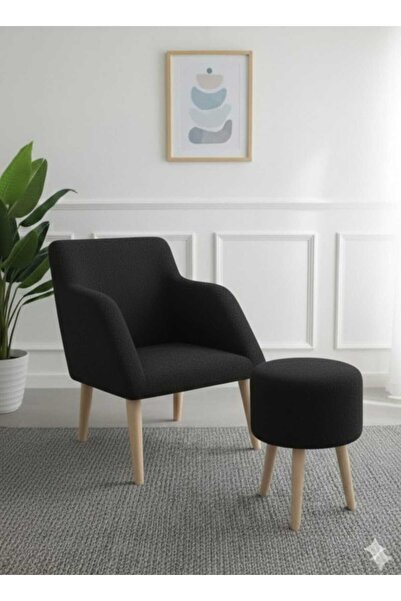 Yuems home Ahşap Ayaklı Siyah Teddy Kumaş Berjer-Puf Hediyeli