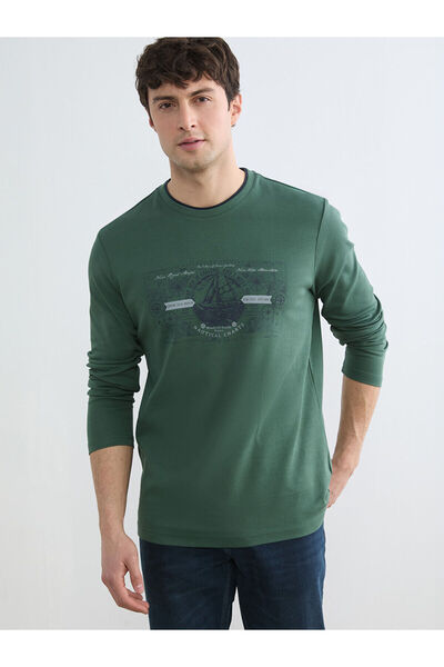 LC Waikiki سويت شيرت رجالي من مجموعة إلسيفا باللون الأخضر مطبوع برقبة دائرية