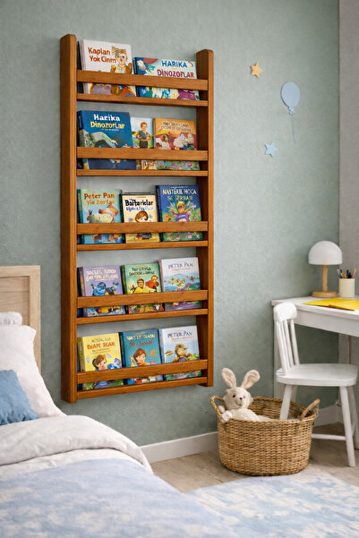 Holly Touch Montessori Çocuk Odası Kitaplığı – Doğal Masif Ahşap Duvar Rafı 1...