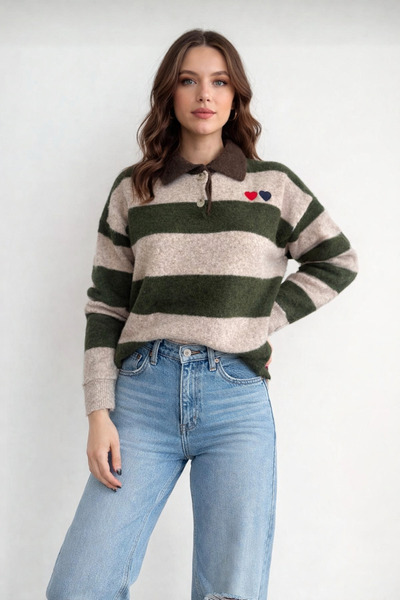 Trendalya Soft Textured Heart Detailed Polo Neck Jaisel Knitwear Sweater