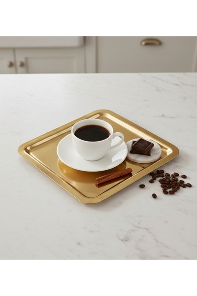 Emal Home Lüks Kare Gold Sunum Tepsisi - 21x21 cm Paslanmaz Çelik Dekoratif K...