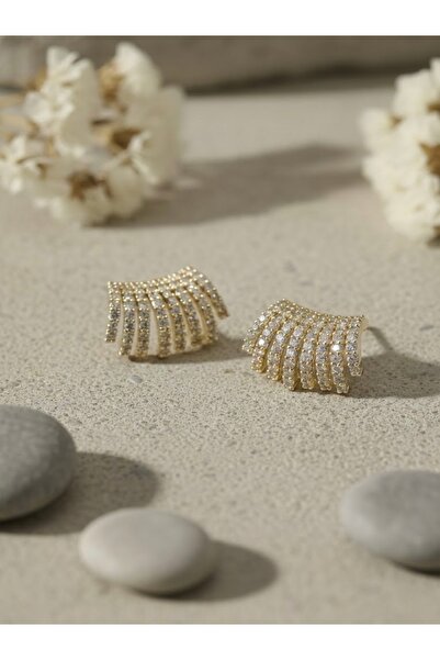 shesra Mengüer 14 Ayar Altın Kaplama Sıralı Taşlı Yelpaze Küpe (12 mm)