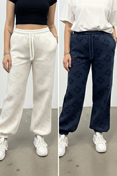 Softandbasic Women's Printed Fabric 2-Piece Sweatpants with Elastic Waist, Po...