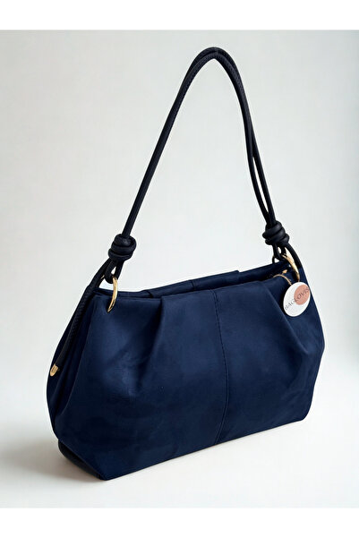 BAGLOVİS Medium Size Suede Navy Blue Women's Shoulder Bag with Hanging Knot D...