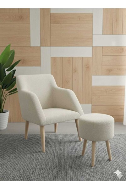 Yuems home Ahşap Ayaklı Krem Renk Teddy Kumaş Berjer Koltuk- Puf hediyeli