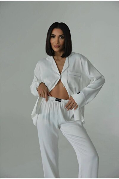 Loraofsilk DÜZ BEYAZ İPEK SATEN PİJAMA TAKIMI