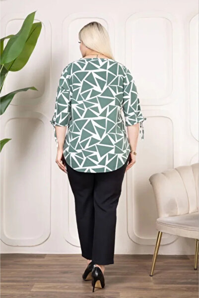 JANES Patterned Tasseled Viscose Blouse Peter Pan collar Short Sleeve Big Siz...