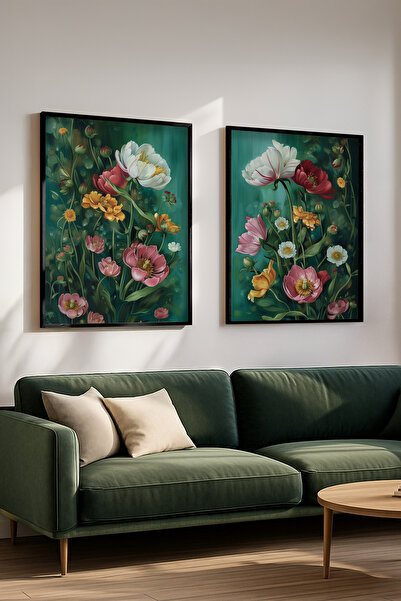 STARYUNA Set de pictură dublă cu flori, cu fundal verde, cu cadru din lemn ne...