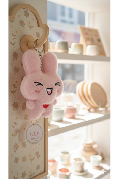 Şirin Sevimli İfadeli Peluş Tavşan Anahtarlık Serisi - Kalp ve Gülümseme Deta...