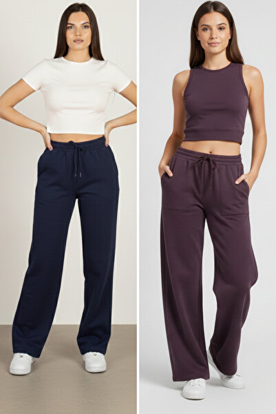 Softandbasic Women's Modal Wide Leg Casual Wide Leg Navy Blue-Plum 2-Piece Sw...