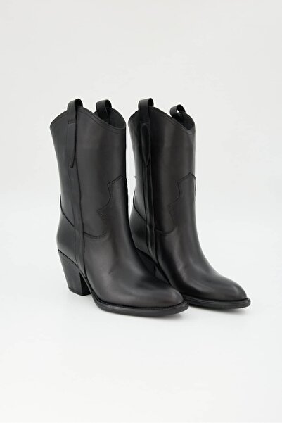 Jande Kadın Siyah Hakiki Deri Western Stil Orta Boy Bot