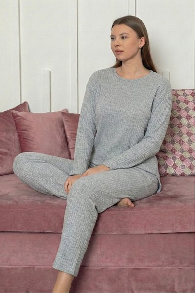 Farya Home Pamuklu Kalın Kışlık İnterlok Şeritli Uzun Kollu Örme Pijama Takımı