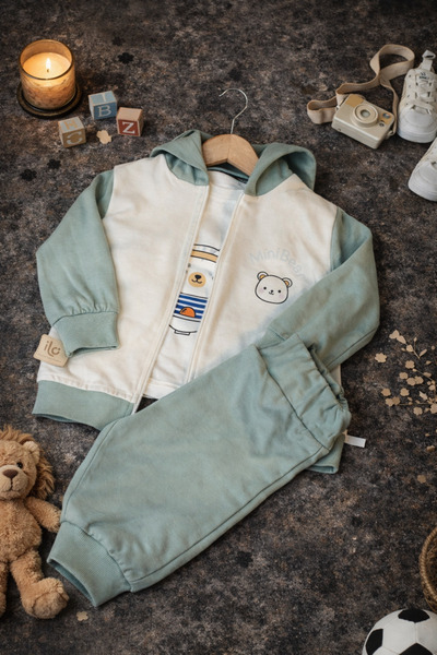 Babexi KAPÜŞONLU AYICIK BASKILI 3 LÜ %100 PAMUK MEVSİMLİK UNISEX BEBEK TAKIM