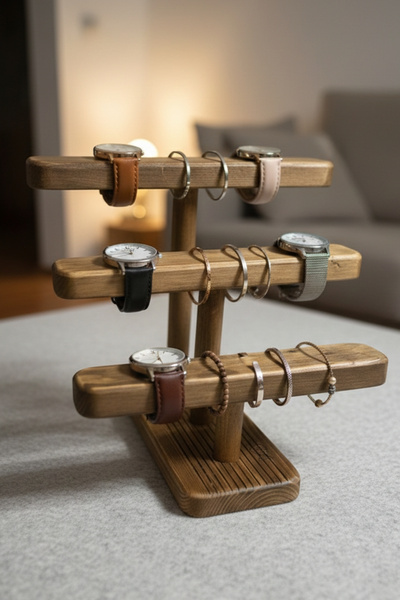 Myend XL Doğal Ahşap Takı Standı, El Yapımı Saat Bilezik Aksesuar Organizeri