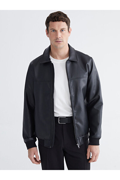 LC Waikiki سترة LCWAIKIKI الكلاسيكية ذات الياقة السوداء للرجال مظهر جلدي