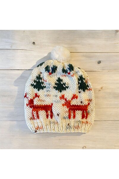 The Cloudish Shop Hand Knitted Baby Beanie with Deer Pine Tree Pattern, Cream...