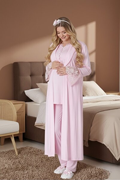 Lohusa Homewear طقم بيجامة نسائية وردية أنيقة بياقة شال وتفاصيل دانتيل من الق...