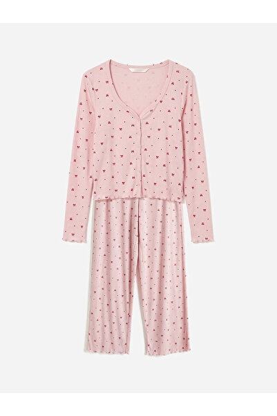 LC Waikiki Lcw Dream Pink Heart Collar Bow Patterned Women's Pajama Set