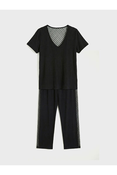 LC Waikiki Lcw Dream Black V-Neck Polka Dot Women's Pajama Set