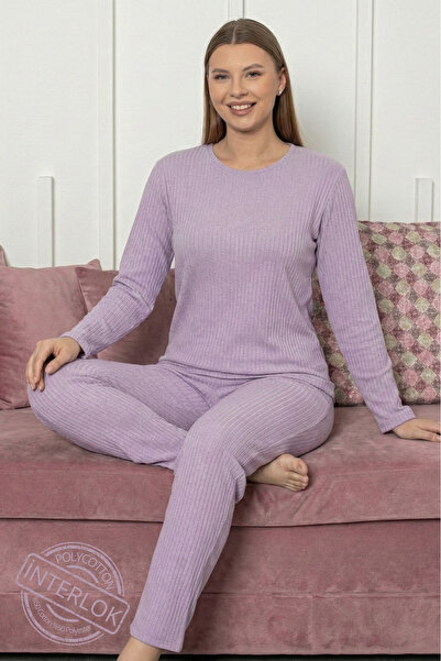Farya Home Cotton Thick Winter Interlock Striped Long Sleeve Knitted Pajama Set