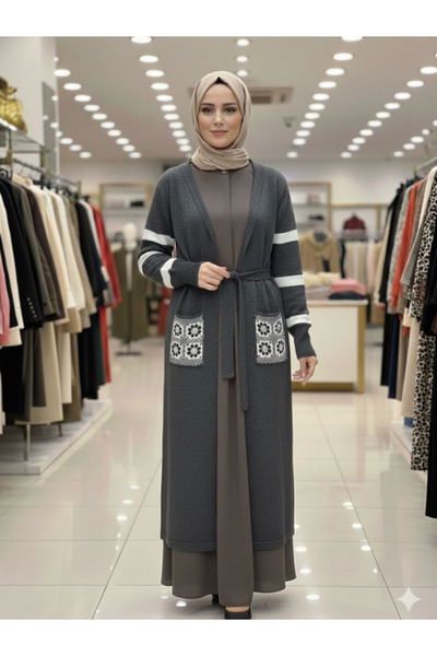 BERNEO Women's Long Pocketed Knitwear Hijab Cardigan