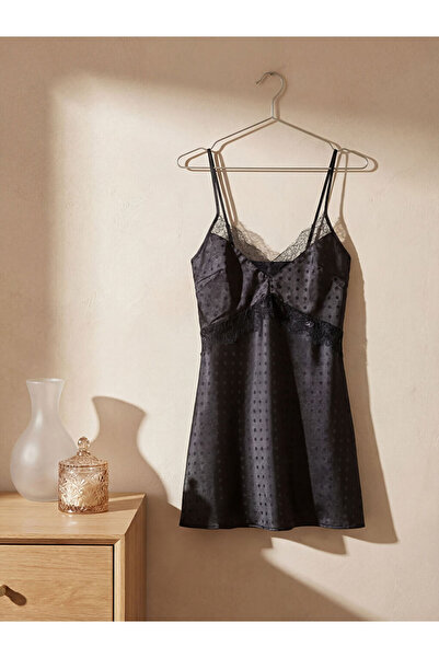 LC Waikiki Lcw Dream Black V-Neck Polka Dot Satin Women's Nightgown