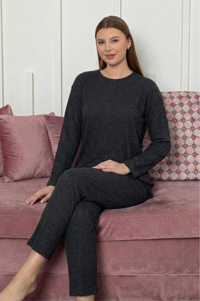 Farya Home Pamuklu Kalın Kışlık İnterlok Şeritli Uzun Kollu Örme Pijama Takımı