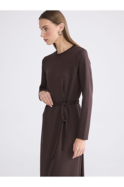 LC Waikiki Brown Crew Neck Belted Soft Touch Dress