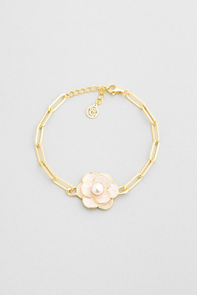 So CHIC... Kamelya Çiçeği 18 Ayar Sarı Altın Kaplama 19 Cm Gümüş Zincir Bileklik