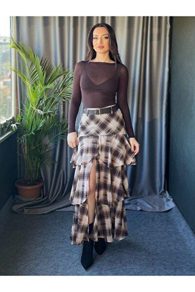 PATEVA Pileli Kat Kat Derin Yırtmaçlı Uzun Etek