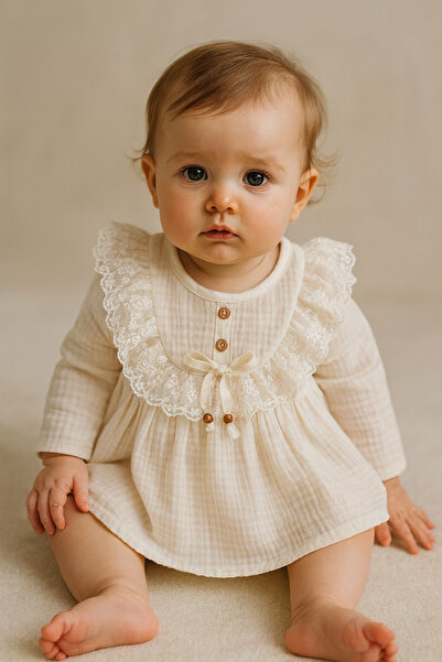 Bebelul Little girl's muslin dress with lace and long sleeves