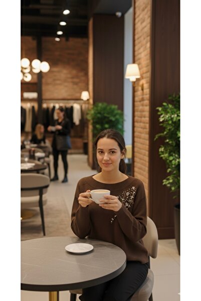 CADDELAMODA Women's Boat Neck Shoulder Stone Detailed Premium Sweater