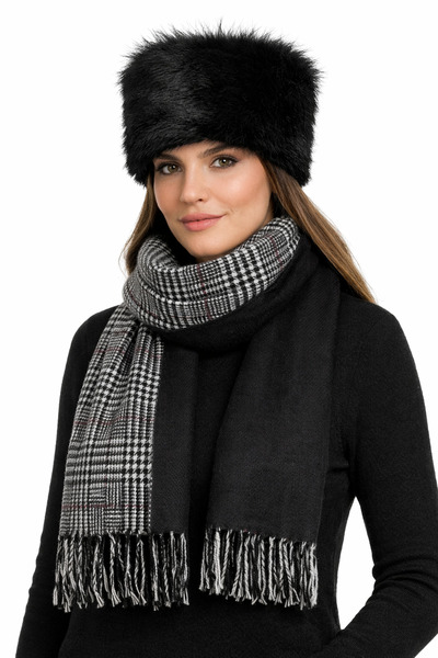 Develioğlu Γυναικείο Σετ Μαύρο Καπέλο και Φουλάρι Διπλής Όψης