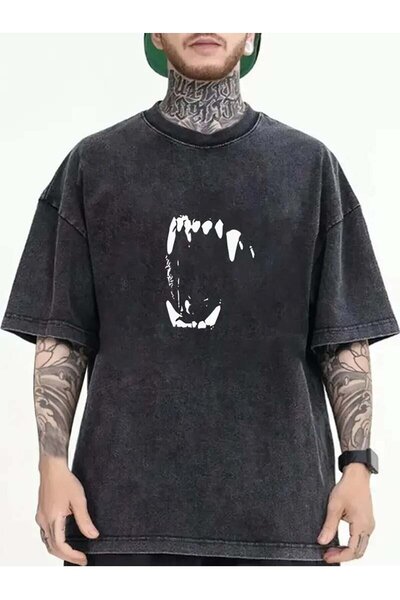 Le Savu Washed Fang Printed Unisex Oversize Vintage T-Shirt